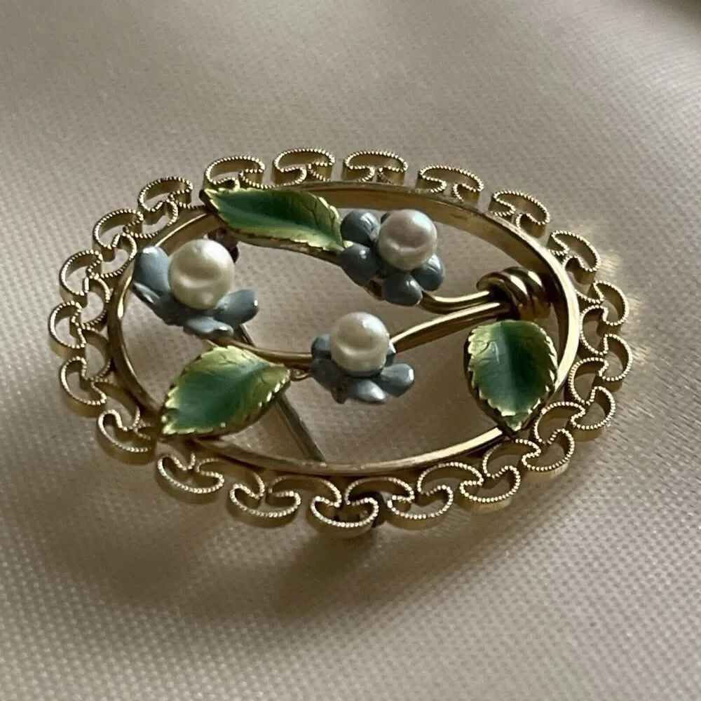 Vintage Krementz Gold Filled Forget Me Not Flower Filigree Brooch Pin Pearl Oval
